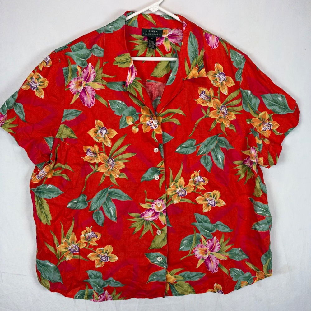 Lauren Ralph Lauren Red Floral Linen Camp Shirt Womens 3X Tropical Short Sleeve